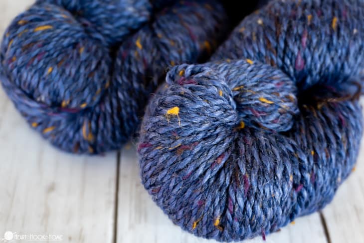 Skeins of Provincial Tweed from WeCrochet in the “Winter Walk” colorway.