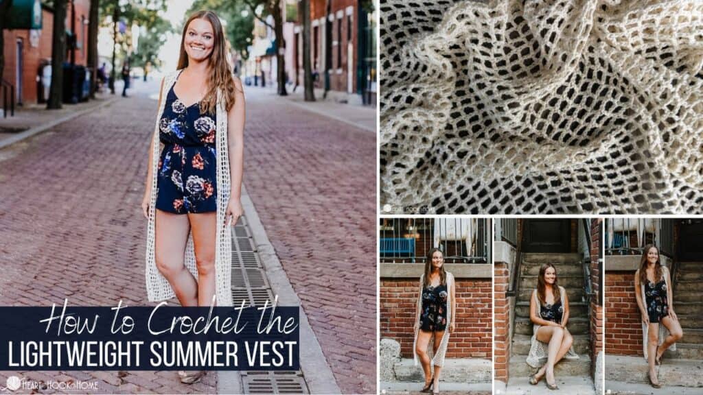 Collage of an Ivory colorway of the Easy Breezy Lightweight Summer Vest crochet pattern on a smiling female model wearing a dark blue and flowery jumper on a cobblestone walkway.