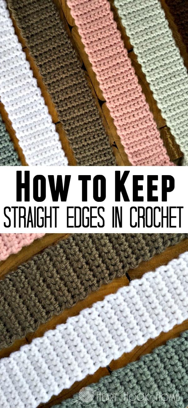 Brown, pink, white and gray examples of straight crochet edges.
